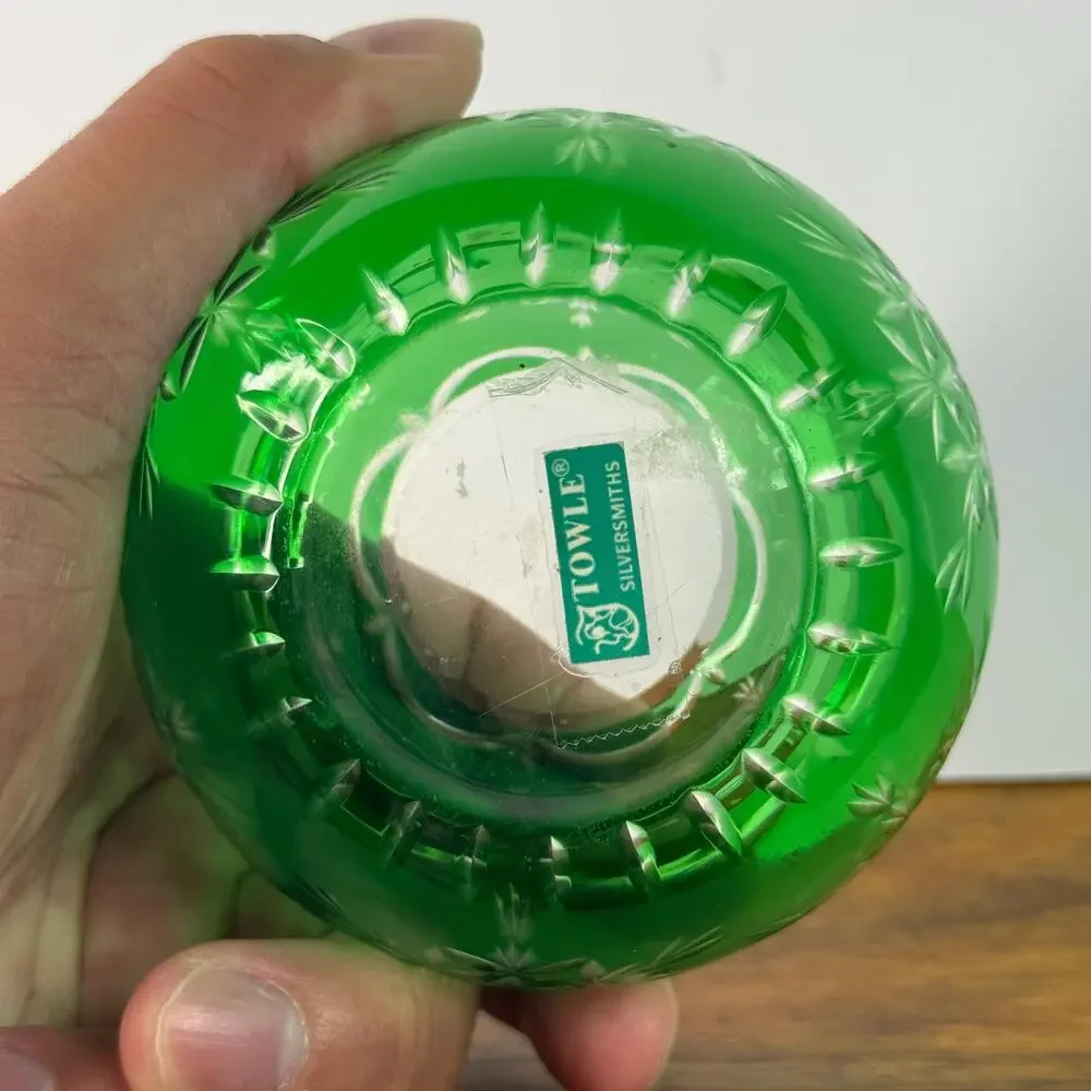 Vintage Emerald Green Cut to Clear Bohemian Bowl Vase